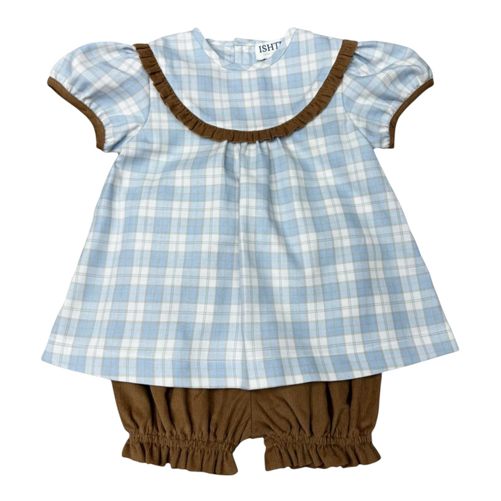 That Store blue plaid girls bloomer set with brown ruffle trim and puff sleeves in a cotton-poly blend fabric.