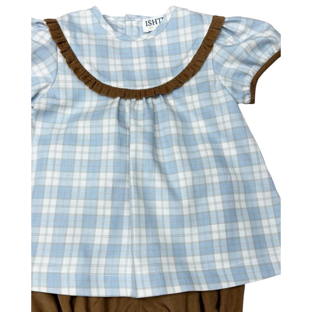 That Store blue plaid girls bloomer set with brown ruffled collar and puff sleeves in a soft cotton blend fabric