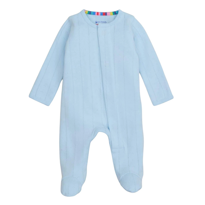 That Store light blue organic cotton pointelle baby footie sleeper with magnetic closures and textured knit pattern
