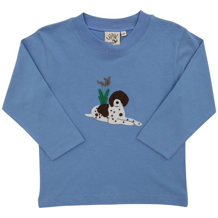 That Store blue long-sleeve boys shirt with a felt Pointer dog applique and cattail detail in 100% Pima cotton.
