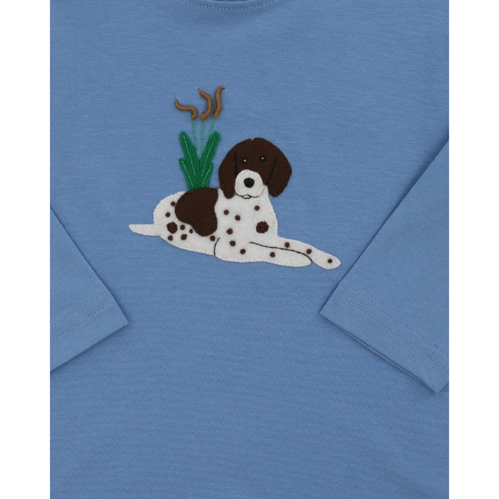 That Store blue boys long sleeve shirt with a brown and white felt pointer dog applique and cattails