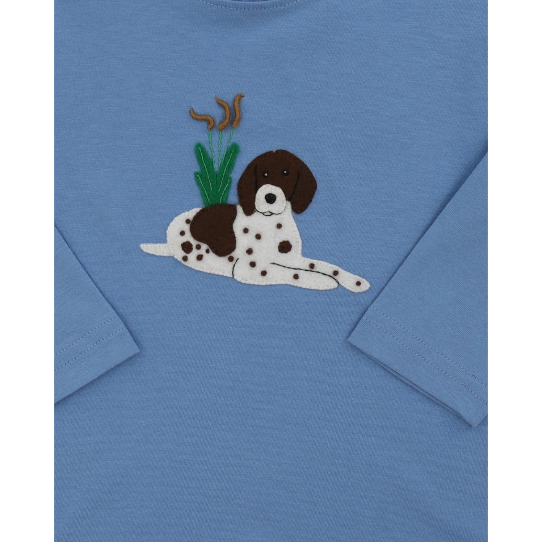 That Store blue boys long sleeve shirt with a brown and white felt pointer dog applique and cattails