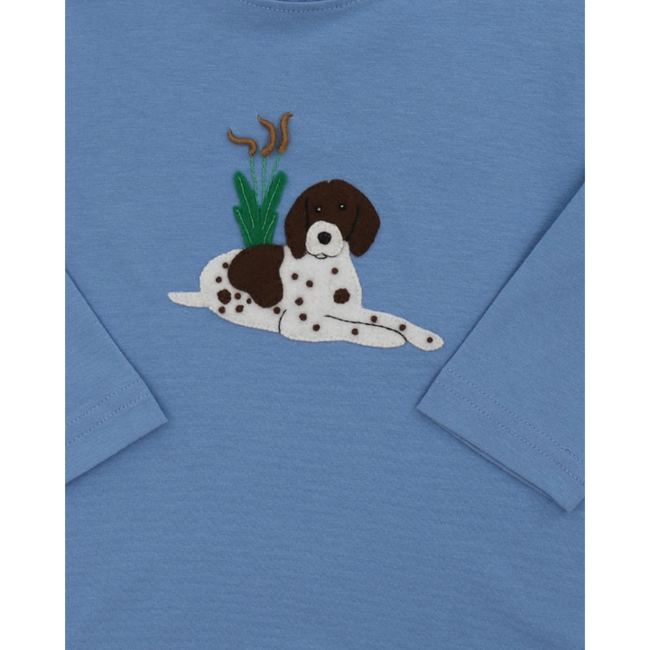 That Store blue boys long sleeve shirt with a brown and white felt pointer dog applique and cattails