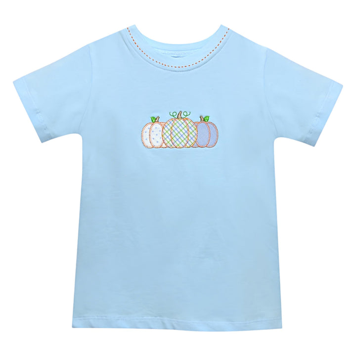 That Store light blue cotton boys t-shirt with a decorative pumpkin patch applique for fall harvest season