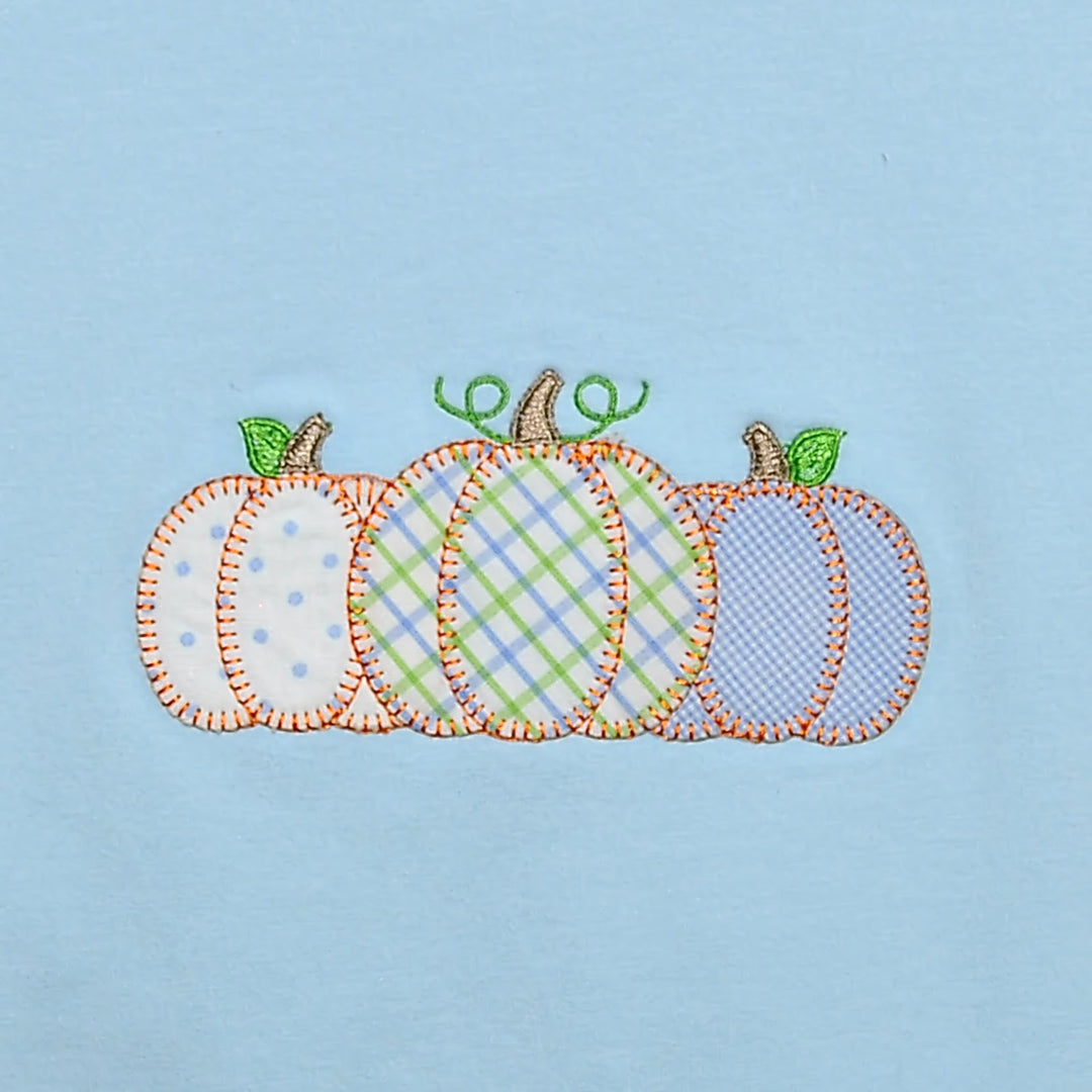 That Store light blue cotton boys shirt featuring a trio of patterned pumpkin appliques for fall harvest season.