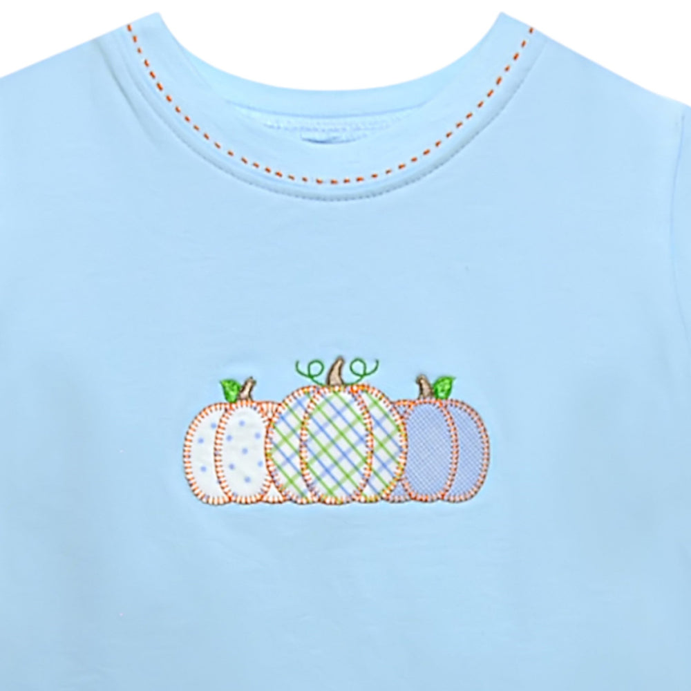 That Store boys light blue cotton shirt with three patterned pumpkin appliques for fall harvest season.