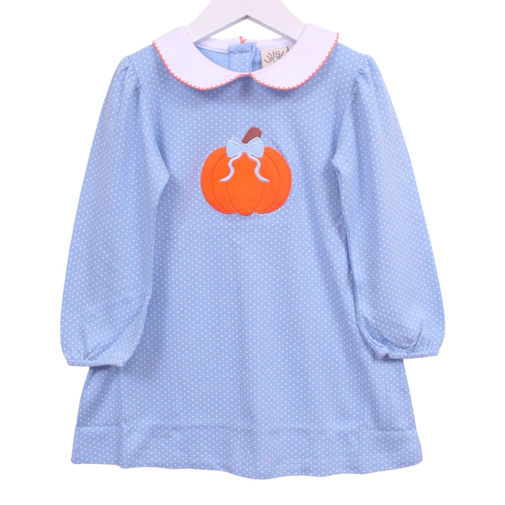 That Store blue polka dot cotton dress featuring an orange pumpkin appliqué with a light blue bow and white collar.