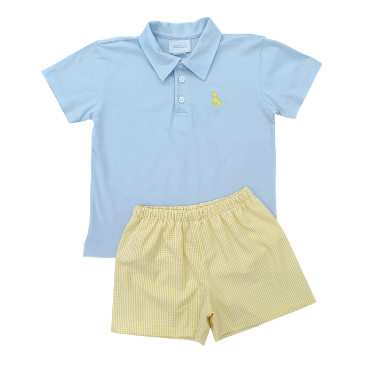 That Store light blue polo shirt with yellow puppy embroidery paired with yellow gingham shorts for toddlers.