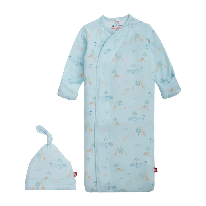 That Store blue modal newborn gown and hat set with safari animal print and magnetic closures for easy changing.