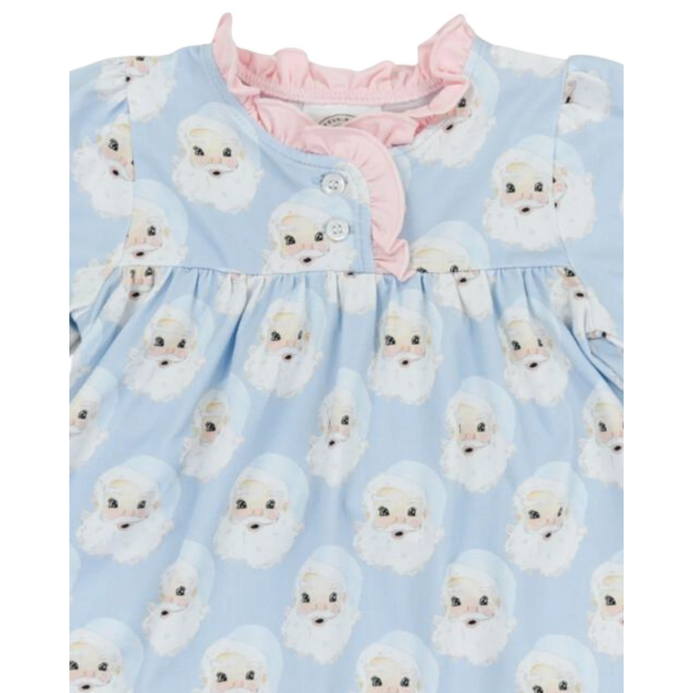 That Store Santa Baby blue girls gown with a festive Santa Claus print, soft cotton blend, and pink ruffled collar.