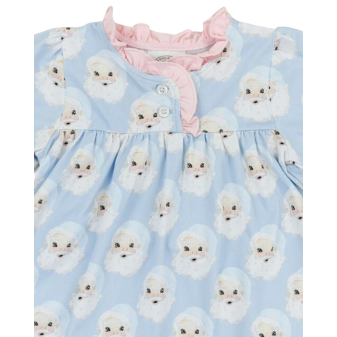 That Store Santa Baby blue girls gown with a festive Santa Claus print, soft cotton blend, and pink ruffled collar.