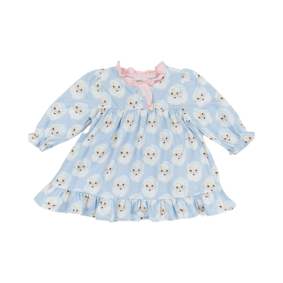 That Store Santa Baby blue girls gown with a festive Santa Claus print, ruffled pink collar, and long sleeves.