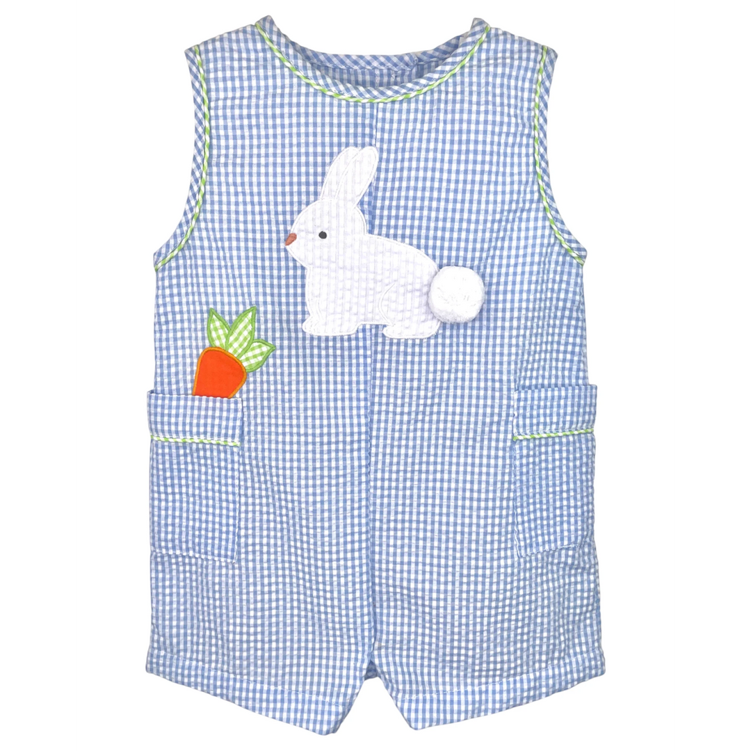 That Store blue seersucker boys jon jon featuring a white bunny and carrot applique for Easter.