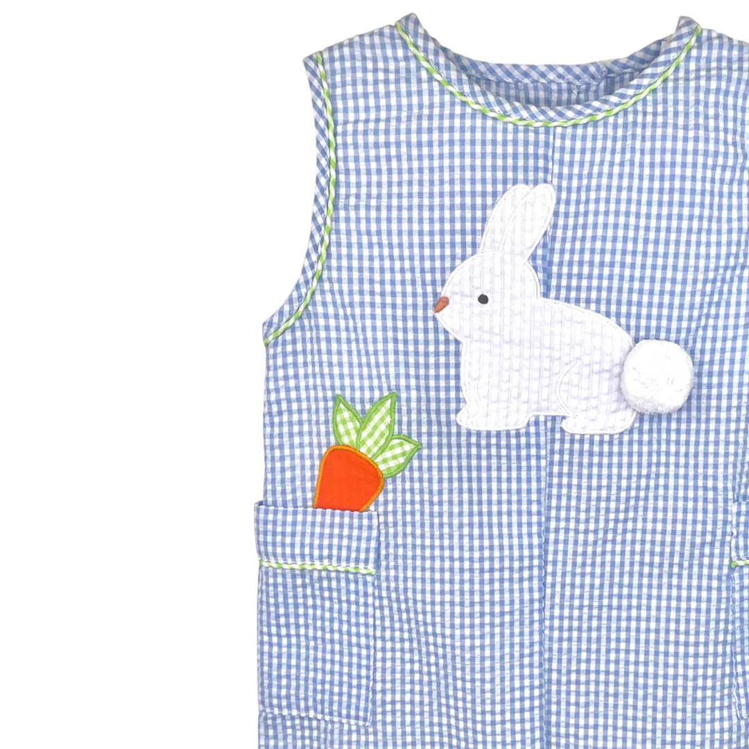 That Store blue seersucker boys jon jon with white bunny and carrot applique for Easter