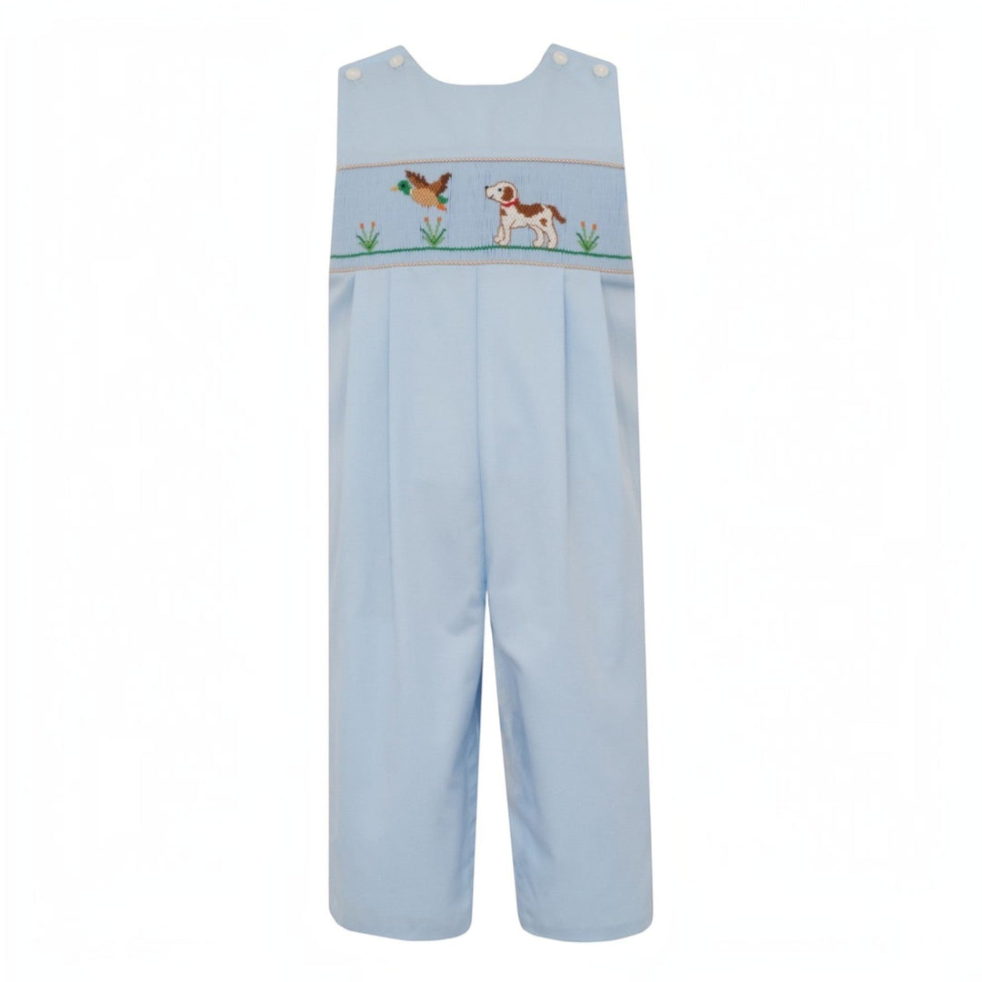That Store blue boys long jon jon with smocked hunting dog and mallard embroidery, made from cotton blend fabric.