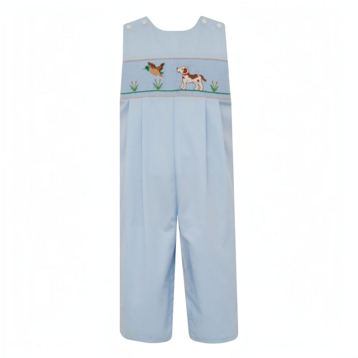 That Store blue boys long jon jon with smocked hunting dog and mallard embroidery, made from cotton blend fabric.