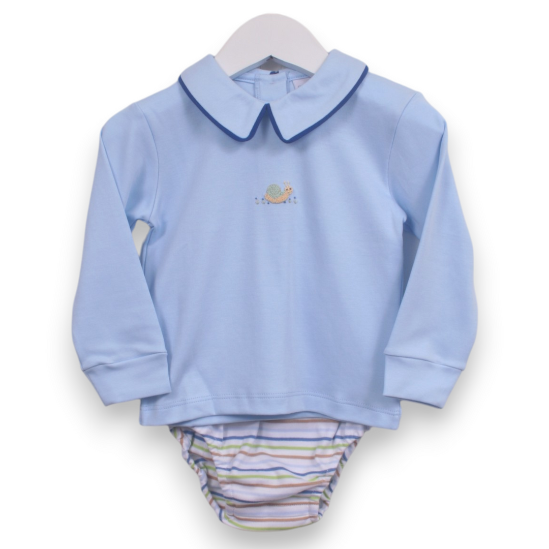 That Store blue Pima cotton boys diaper set featuring a cute snail embroidery and a Peter Pan collar.