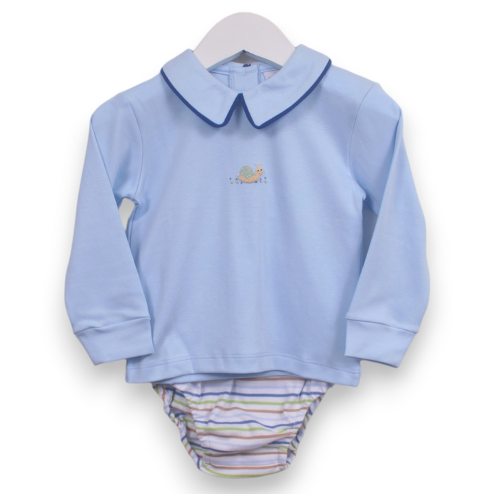 That Store blue Pima cotton boys diaper set featuring a cute snail embroidery and a Peter Pan collar.