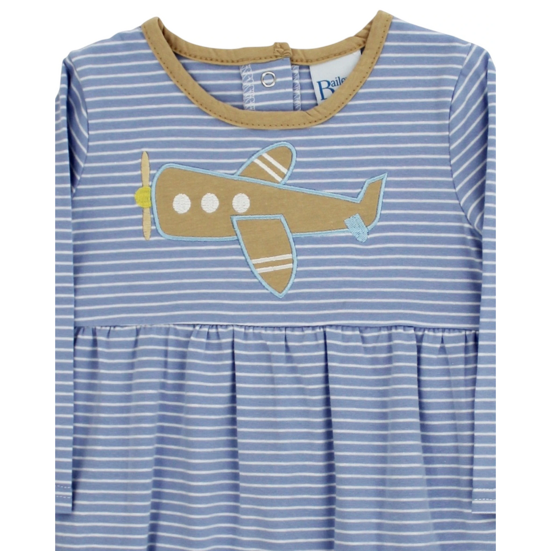 That Store infant bubble in blue and white stripes with a tan airplane applique and long sleeves for baby boys.