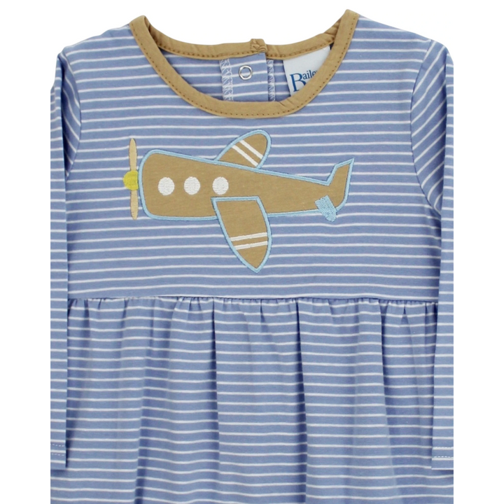 That Store infant bubble in blue and white stripes with a tan airplane applique and long sleeves for baby boys.