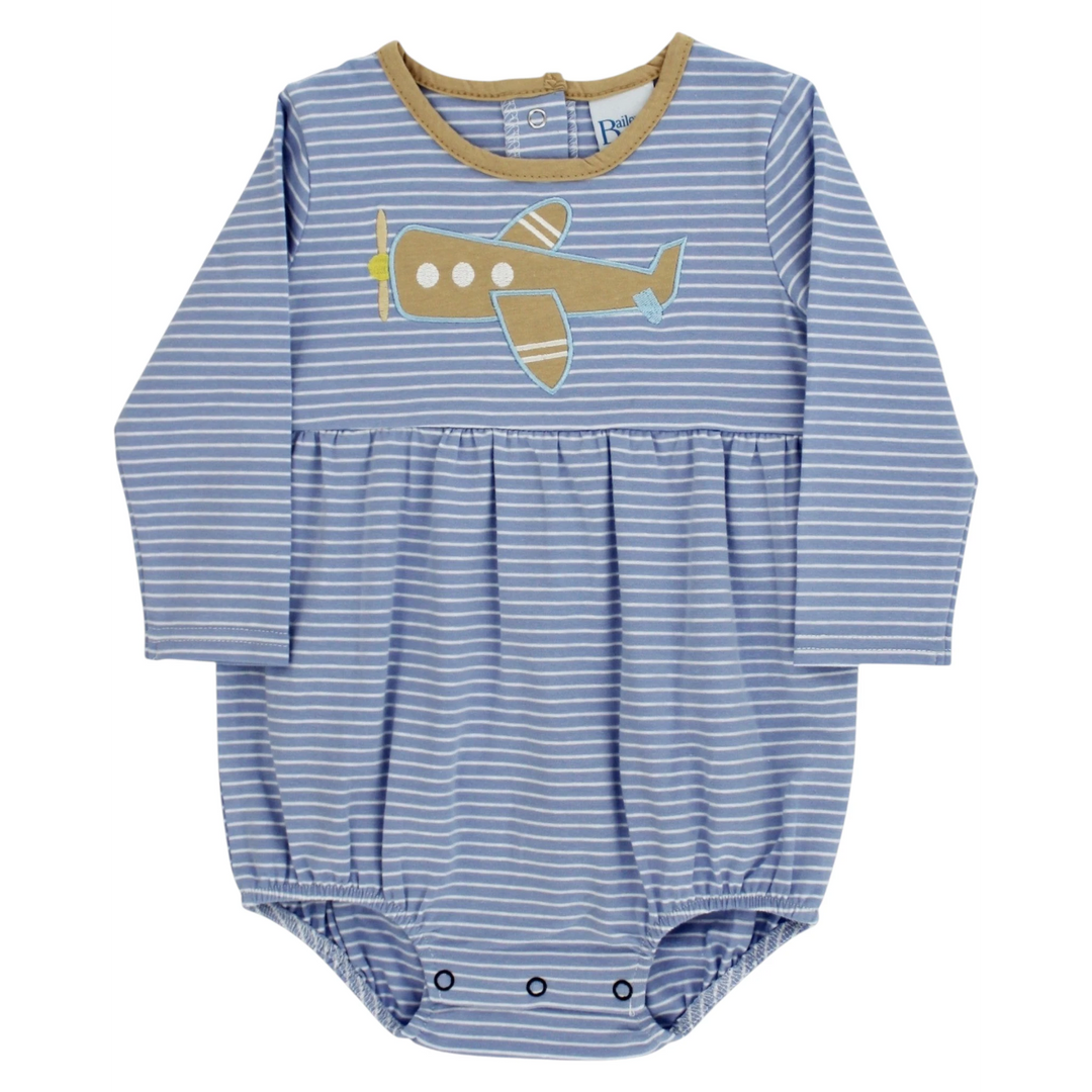 That Store infant bubble in blue and white stripes with a tan airplane applique and long sleeves.