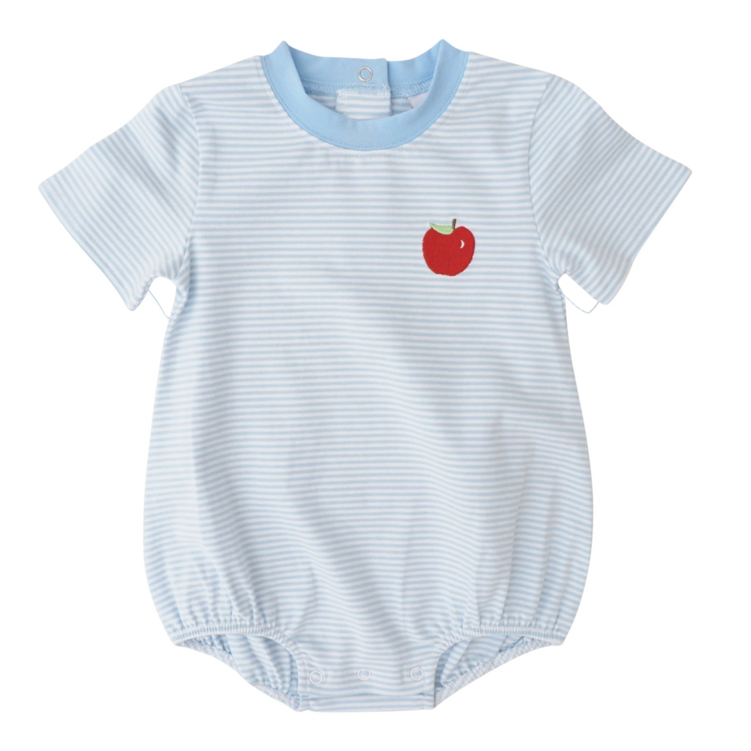 That Store boys bubble in light blue and white stripes with a red apple embroidery on the chest