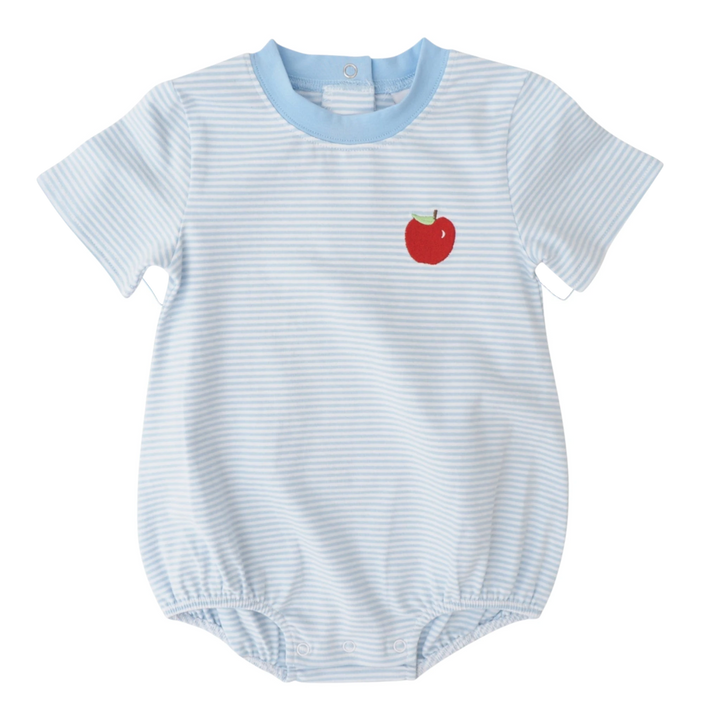 That Store boys bubble in light blue and white stripes with a red apple embroidery on the chest