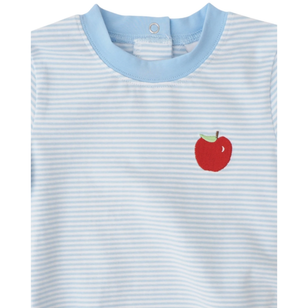 That Store boys bubble in blue and white stripes with a red apple embroidery and light blue crew neck collar