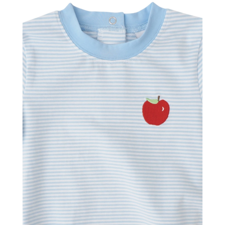 That Store boys bubble in blue and white stripes with a red apple embroidery and light blue crew neck collar