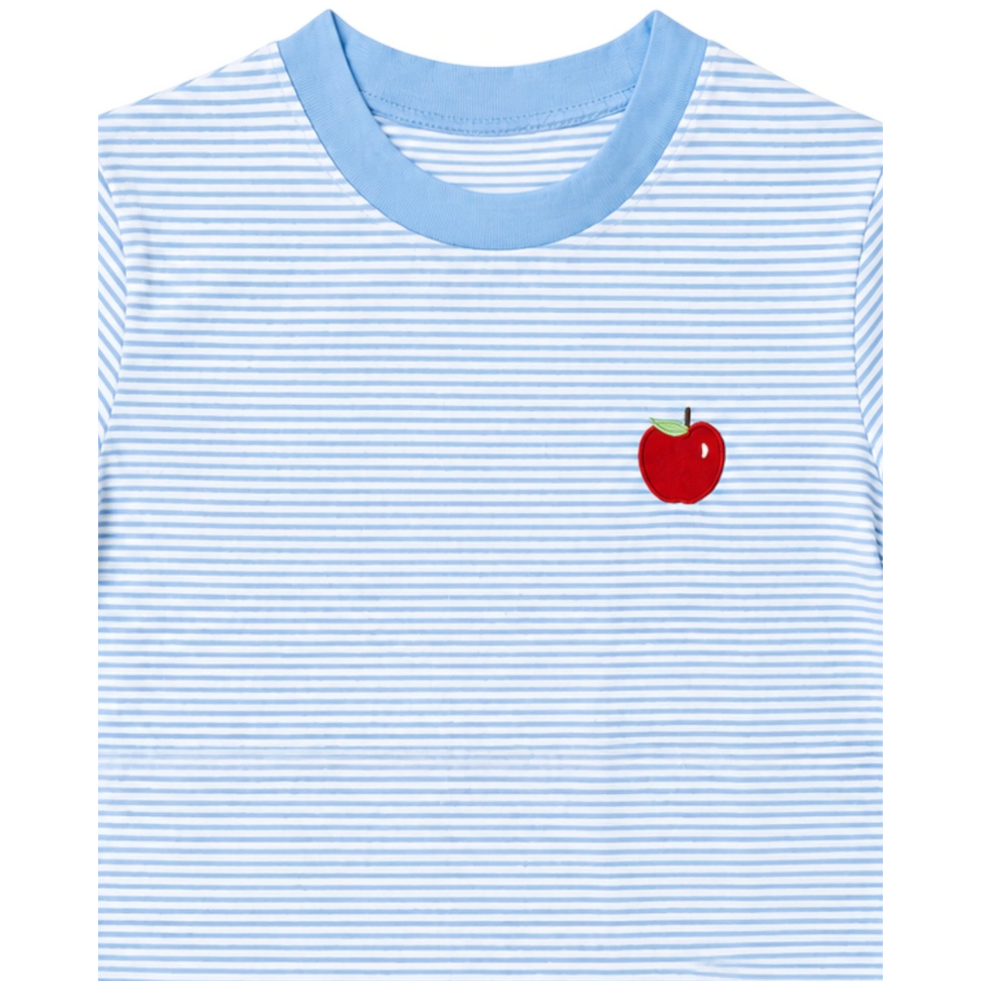 That Store boys blue and white striped cotton t-shirt with a small red apple embroidery on the chest