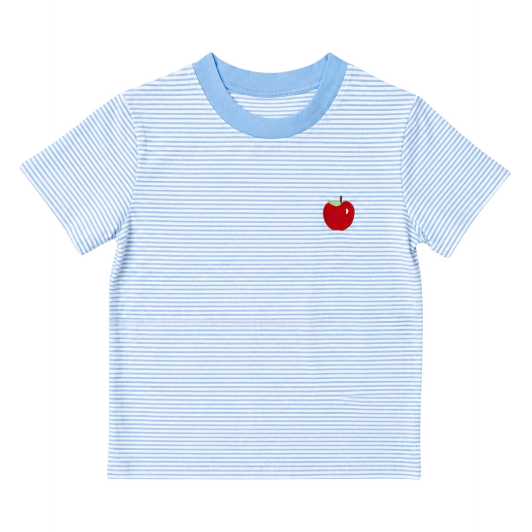 That Store boys blue and white striped cotton t-shirt with a small red apple embroidery on the chest.