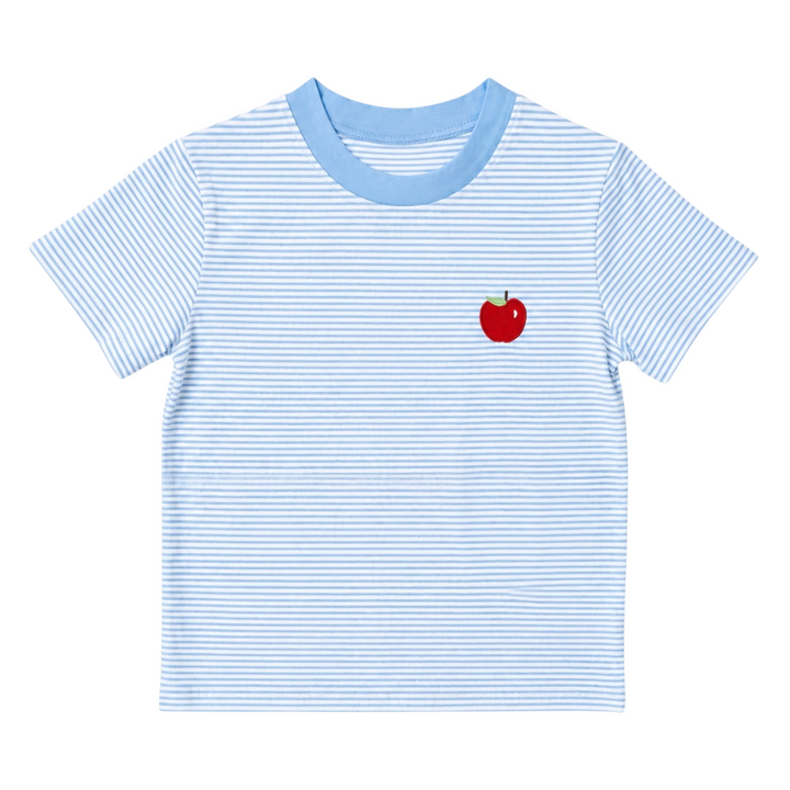 That Store boys blue and white striped cotton t-shirt with a small red apple embroidery on the chest.