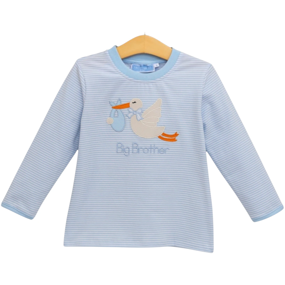 That Store blue striped long-sleeve boys shirt with a stork applique and Big Brother embroidery on a wooden hanger.