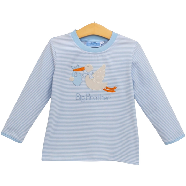 That Store blue striped long-sleeve boys shirt with a stork applique and Big Brother embroidery on a wooden hanger.