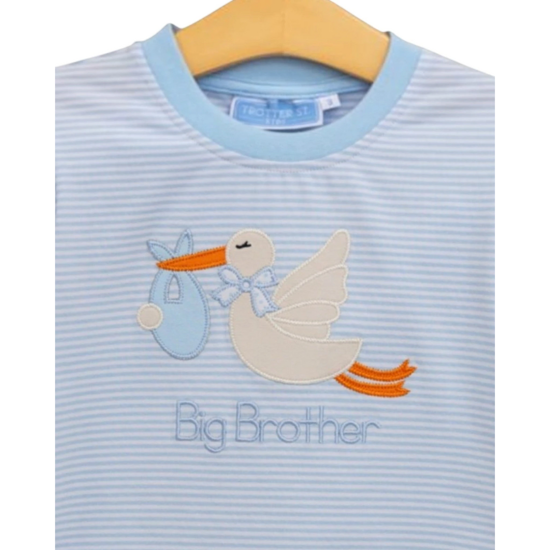 That Store blue stripe boys shirt with a stork applique and Big Brother embroidery in soft cotton blend fabric.