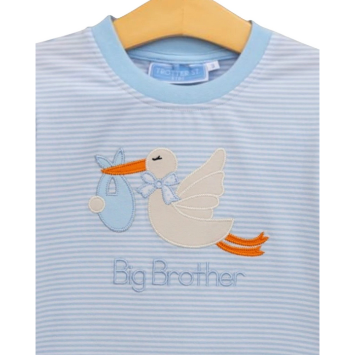 That Store blue stripe boys shirt with a stork applique and Big Brother embroidery in soft cotton blend fabric.