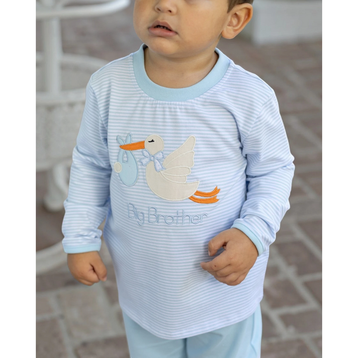 That Store blue striped long-sleeve shirt for boys featuring a stork applique and Big Brother embroidery