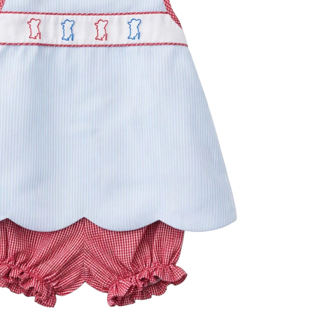 That Store girls bloomer set featuring a blue striped top with Colonel Reb embroidery and red gingham ruffled bottoms.