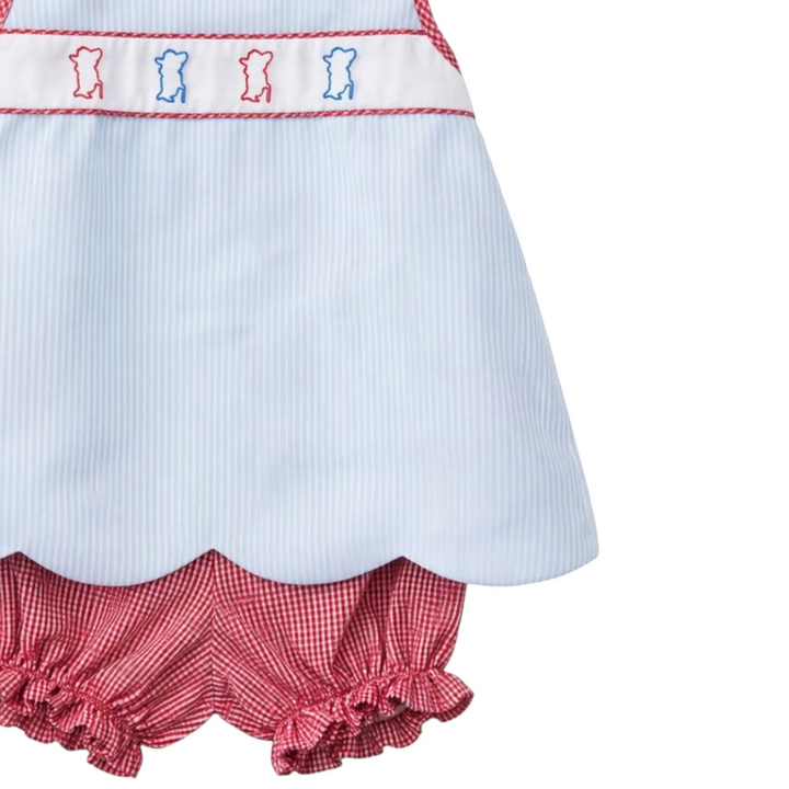 That Store girls bloomer set featuring a blue striped top with Colonel Reb embroidery and red gingham ruffled bottoms.
