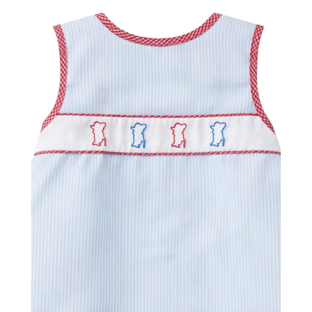 That Store blue and white striped girls bloomer set with red gingham trim and embroidered Colonel Reb detailing
