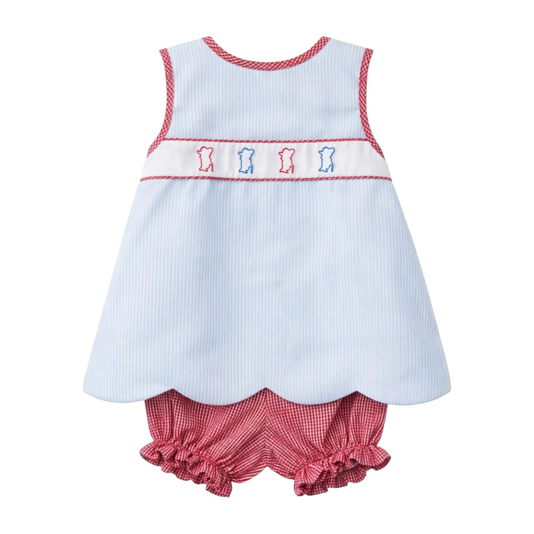 That Store blue and white striped bloomer set with red gingham trim and embroidered Colonel Reb detail for girls.