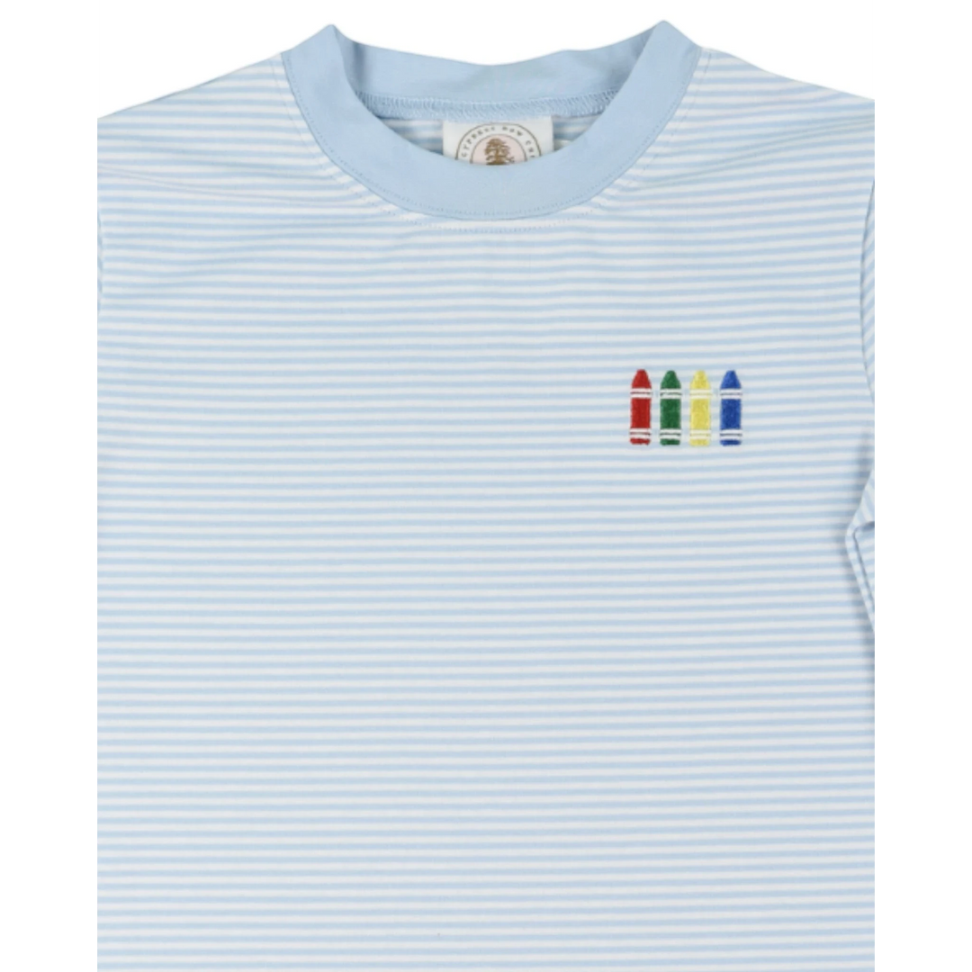 That Store boys blue and white striped tee with embroidered colorful crayon details on the chest