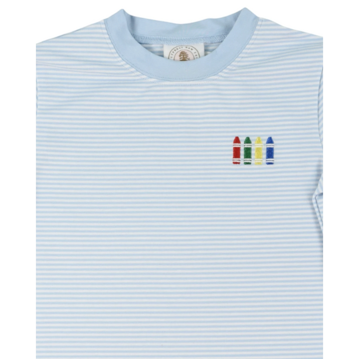 That Store boys blue and white striped tee with embroidered colorful crayon details on the chest