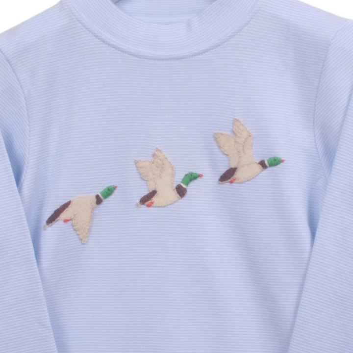 That Store boys blue stripe Pima cotton tee featuring a playful Duck Dynasty duck applique design