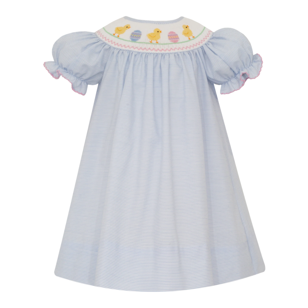 That Store blue stripe bishop dress with hand-smocked Easter chick embroidery and pink ruffled sleeve trim