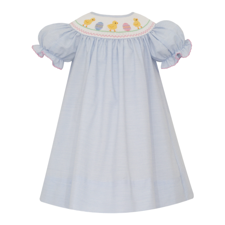 That Store blue stripe bishop dress with hand-smocked Easter chick embroidery and pink ruffled sleeve trim