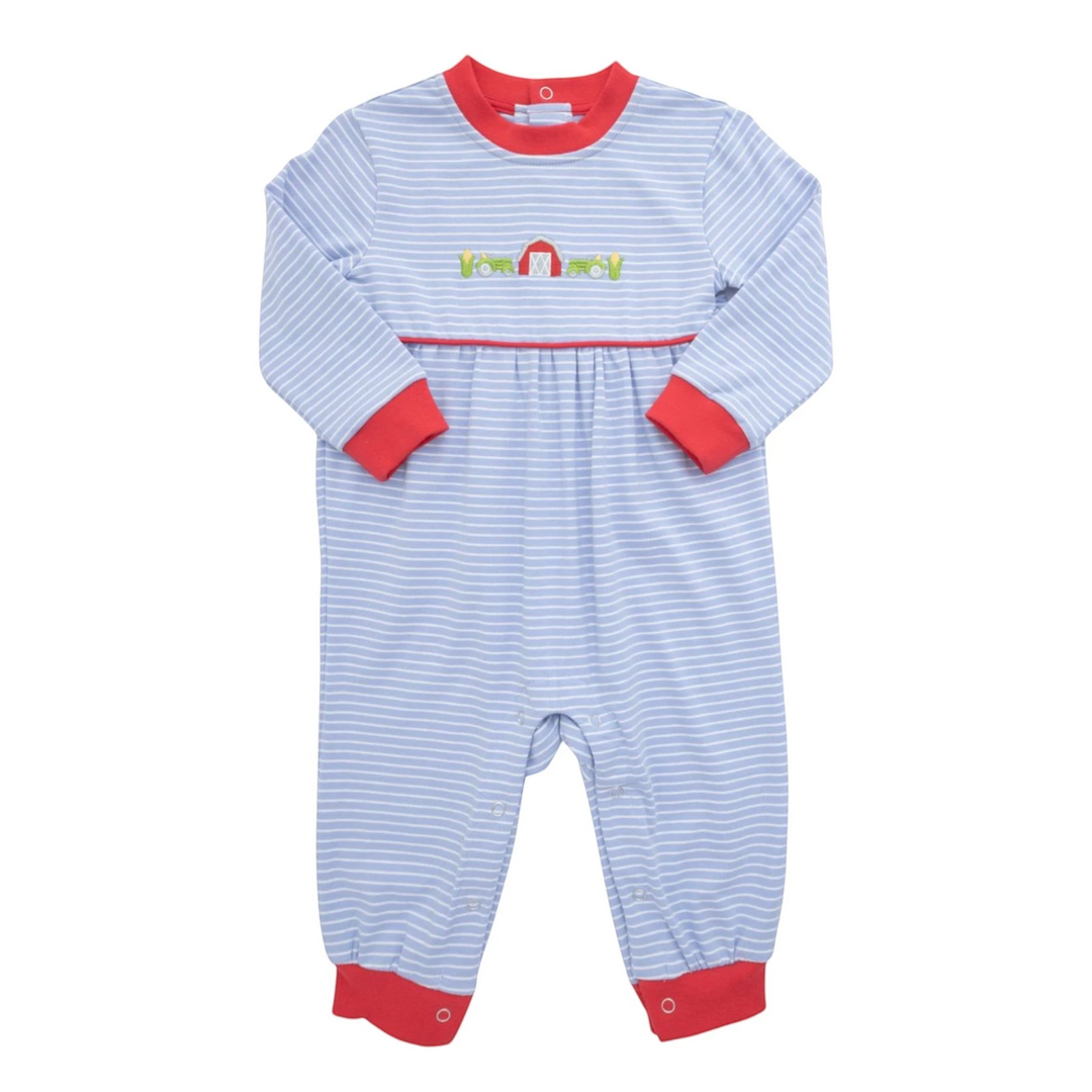 That Store blue striped baby romper with red trim and embroidered farm barn and tractor detail on the chest