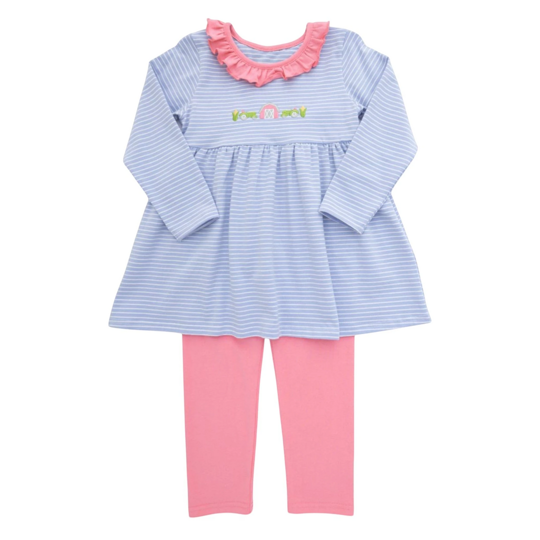 That Store girls two-piece set with blue striped tunic, pink ruffle collar, farm embroidery, and matching pink leggings