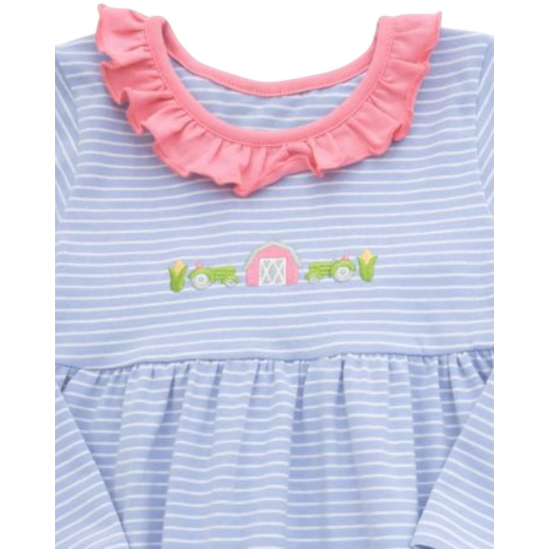 That Store girls blue stripe top with pink ruffle collar and embroidered farm barn and tractor detail