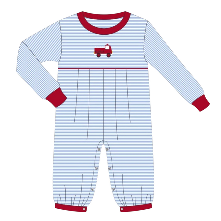 That Store baby romper in blue stripe cotton with a red embroidered fire truck and red trim details.